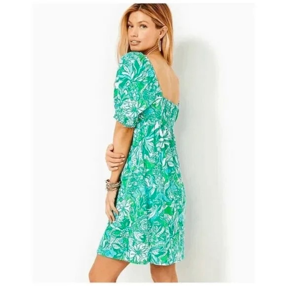 Lilly Pulitzer Delaney Cotton Tropical Print Short Puff Sleeve Square Neck Dress - Picture 3 of 13